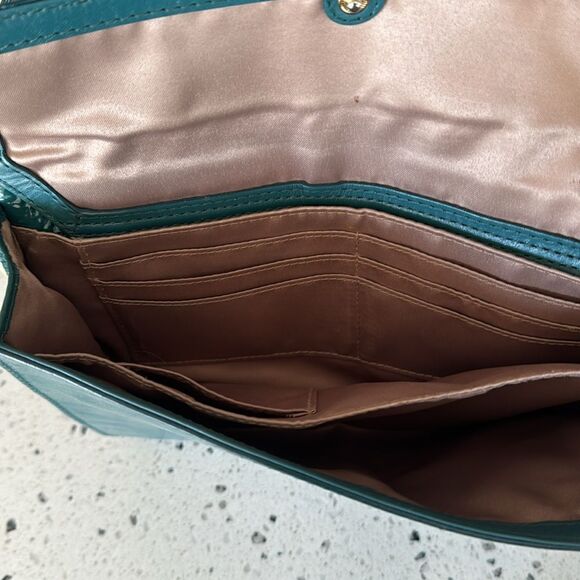 COLE HAAN JITNEY Teal Green Patent Leather Shoulder Purse Top Zip Travel Bag EUC - Picture 16 of 16